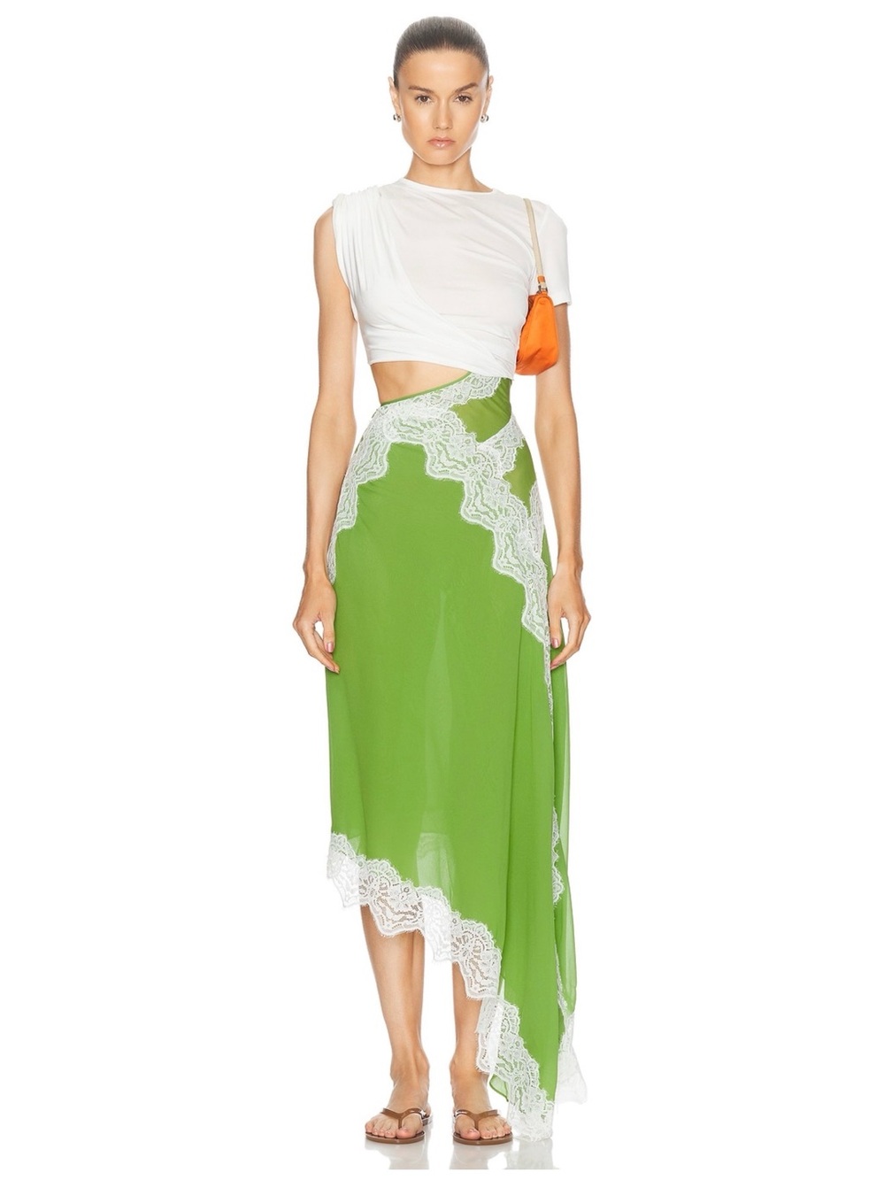 Christopher Esber Green Lace-Trim Asymmetric T-shirt Midi Dress